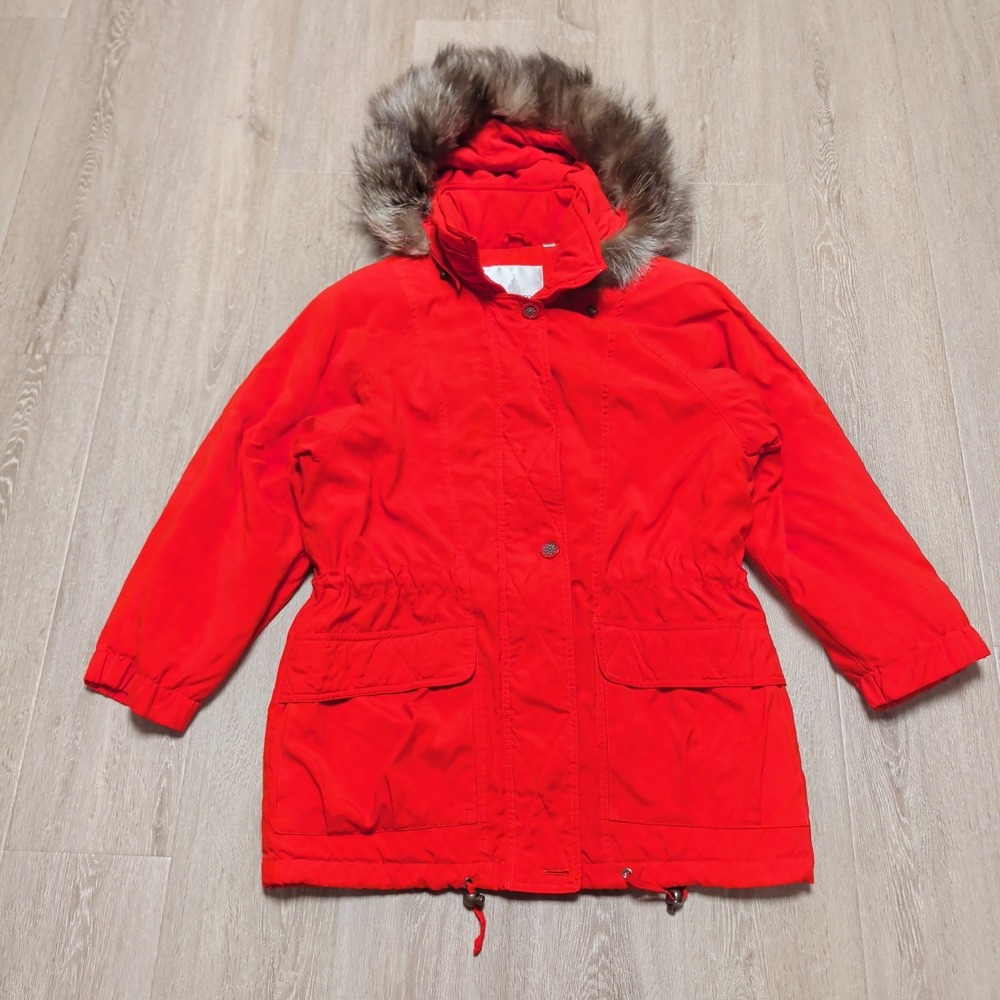 London Fog Parka Jacket Womens Medium Red‎ Thinsulate Fur Hood Soft Quilted Coat
